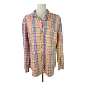 Eddie Bauer Peach Green Blue Flannel Plaid Button Front Shirt Top Women's XL